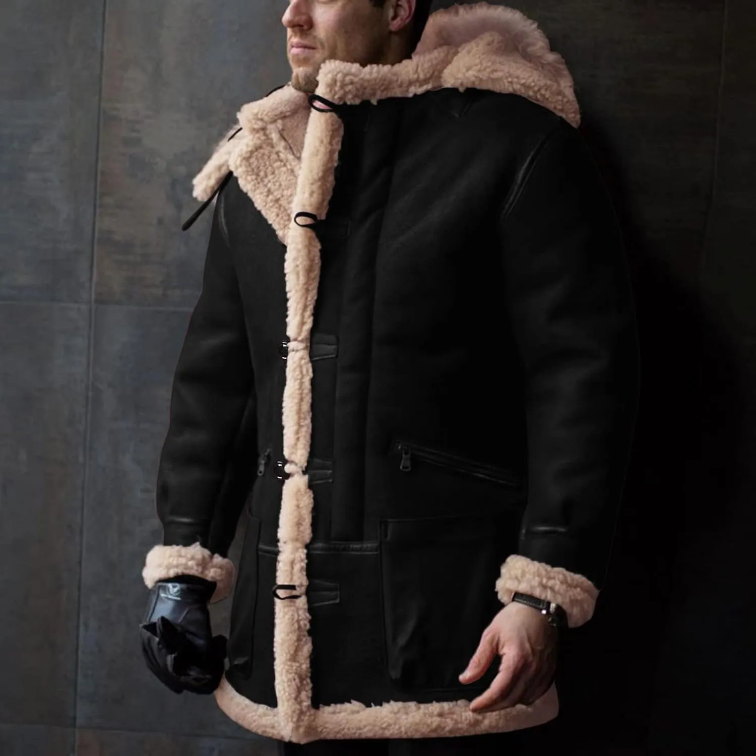 Jackets for Men Men's Lined Hooded Jacket Retro Long Suede Jacket Coat Jackets