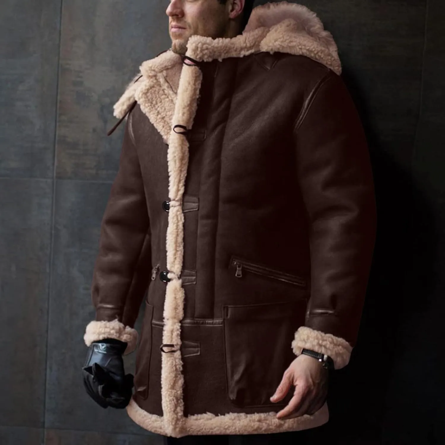 Jackets for Men Men's Lined Hooded Jacket Retro Long Suede Jacket Coat Jackets