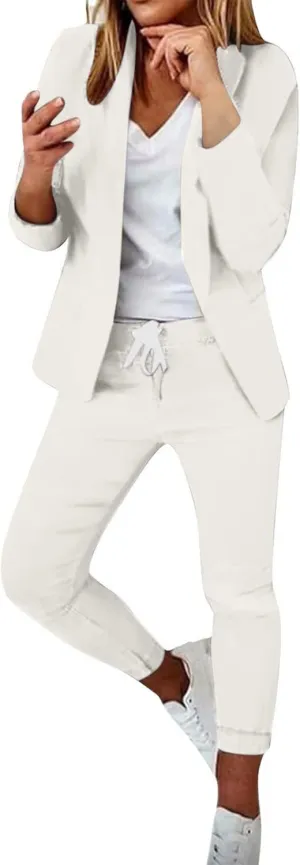 JEGULV Blazer Sets Women 2 Piece Outfits Formal Solid Long Sleeve Blazer and Pants Business Office Suit Sets for Work/Daily