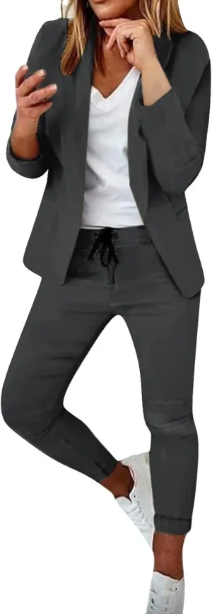 JEGULV Blazer Sets Women 2 Piece Outfits Formal Solid Long Sleeve Blazer and Pants Business Office Suit Sets for Work/Daily