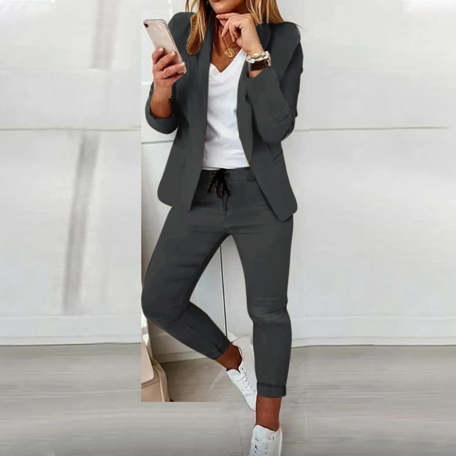 JEGULV Blazer Sets Women 2 Piece Outfits Formal Solid Long Sleeve Blazer and Pants Business Office Suit Sets for Work/Daily