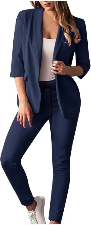 JEGULV Blazer Sets Women 2 Piece Outfits Formal Solid Long Sleeve Blazer and Pants Business Office Suit Sets for Work/Daily