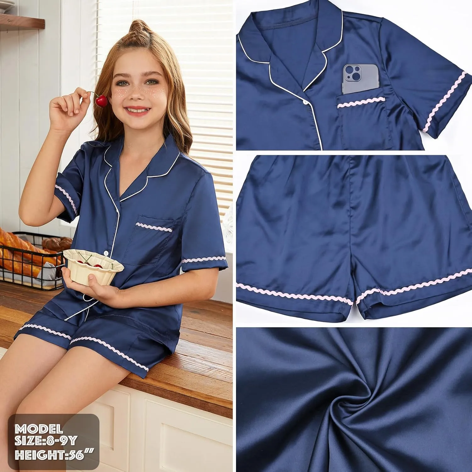 Jxstar Girls Boys Satin Pajamas Sets Kids Button-Down Silk PJS Lounge Sets Sleepwear