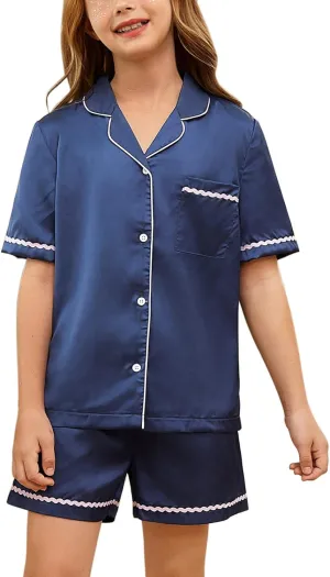 Jxstar Girls Boys Satin Pajamas Sets Kids Button-Down Silk PJS Lounge Sets Sleepwear