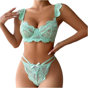 Lace Leaf Edge Sleeve Bow Decoration Lingerie Set Ladies Lingerie
