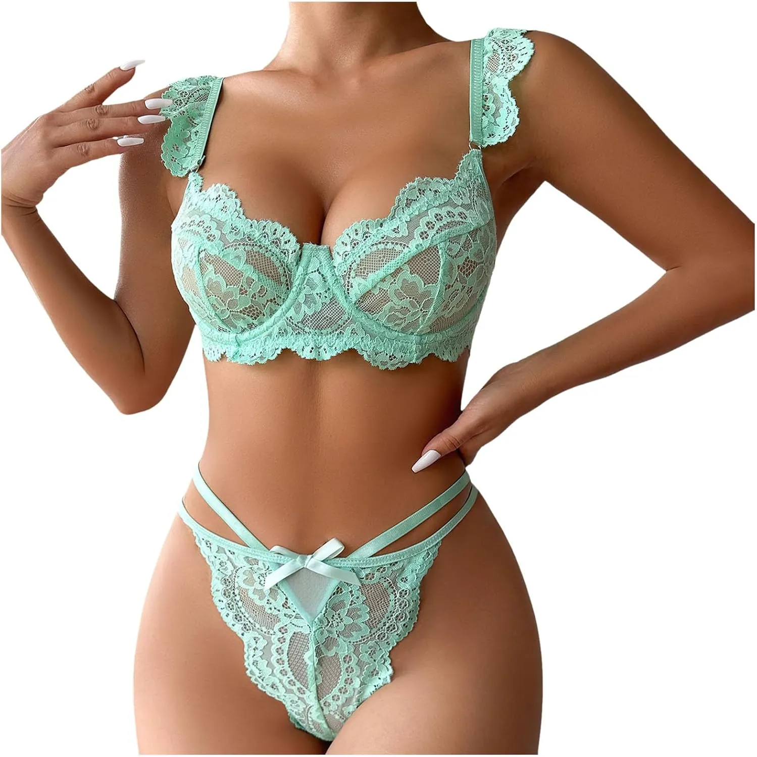 Lace Leaf Edge Sleeve Bow Decoration Lingerie Set Ladies Lingerie