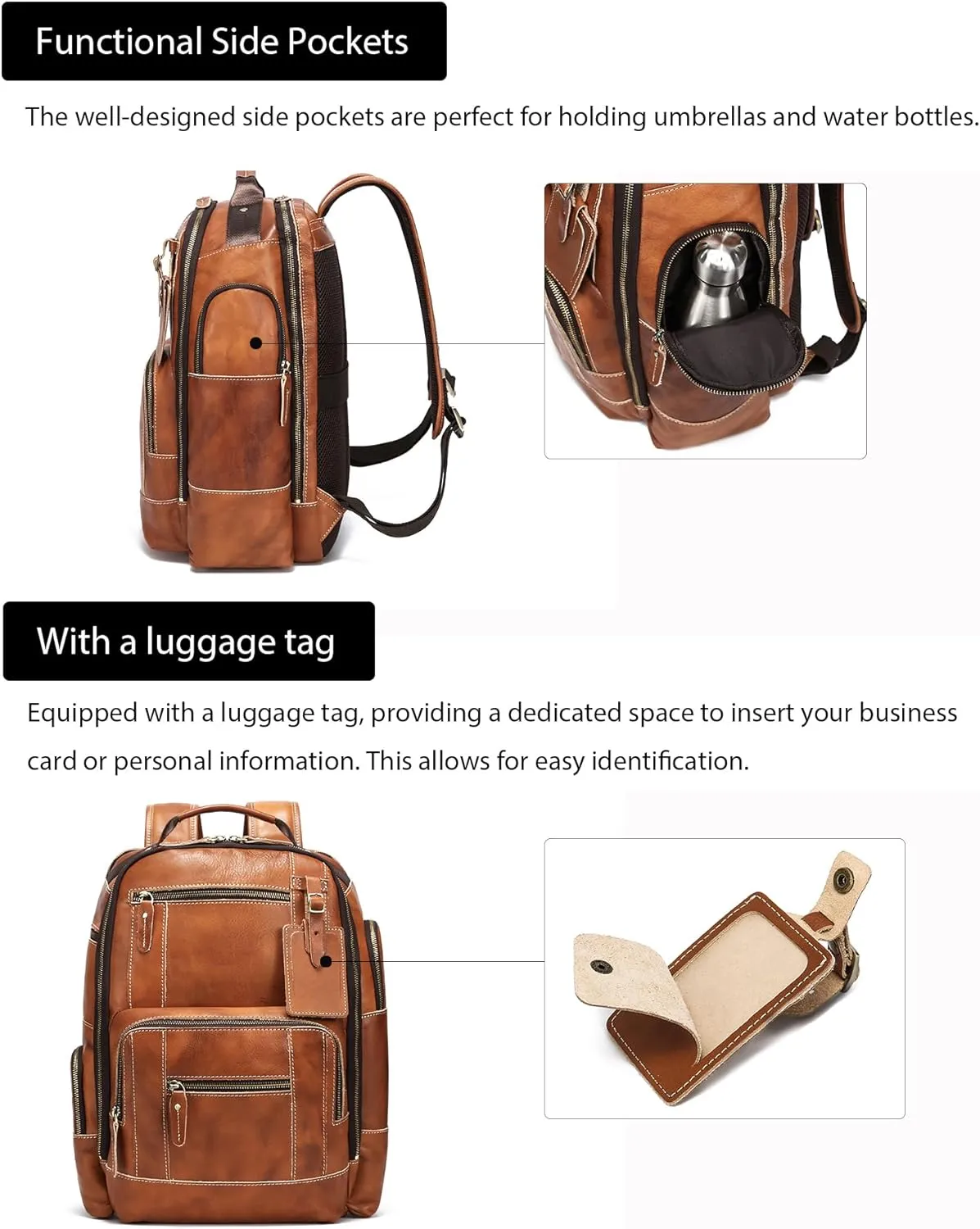 LANNSYNE Vintage Genuine Leather Backpack for Men, 15.6" Laptop Backpack Camping Travel 24L Rucksack
