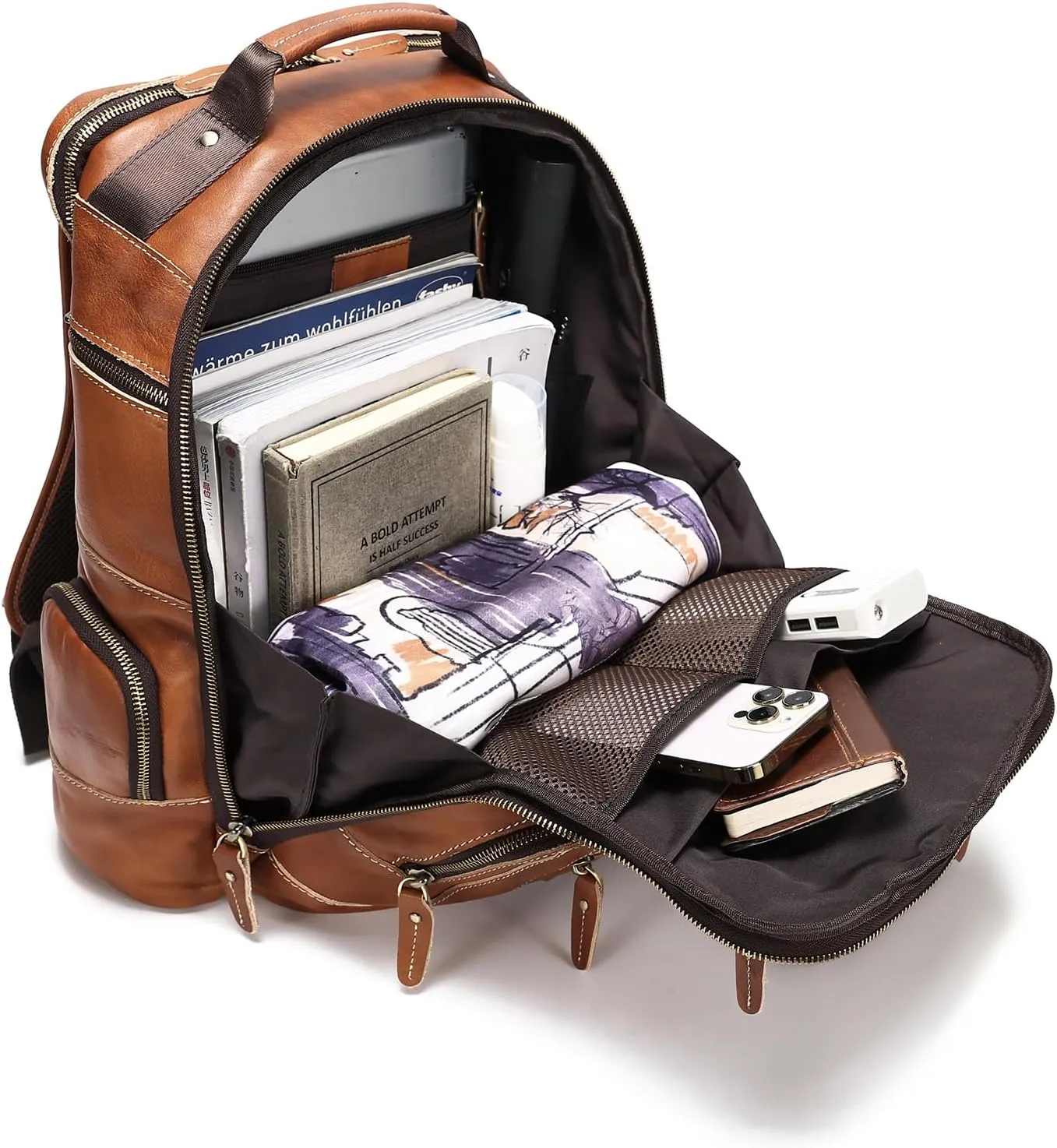 LANNSYNE Vintage Genuine Leather Backpack for Men, 15.6" Laptop Backpack Camping Travel 24L Rucksack