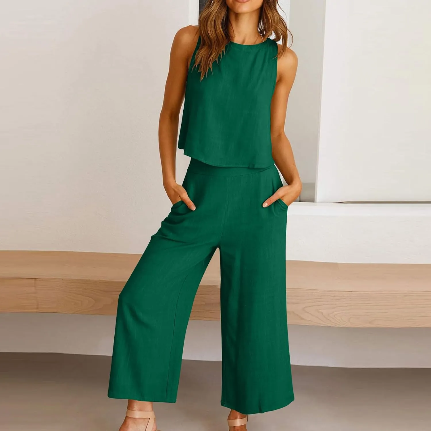 Linen Outfits Women 2 Piece Plus Size Sleeveless CropTank Capri Wide Leg Pant Jumpsuit Lounge Beach Vacation Boho Set