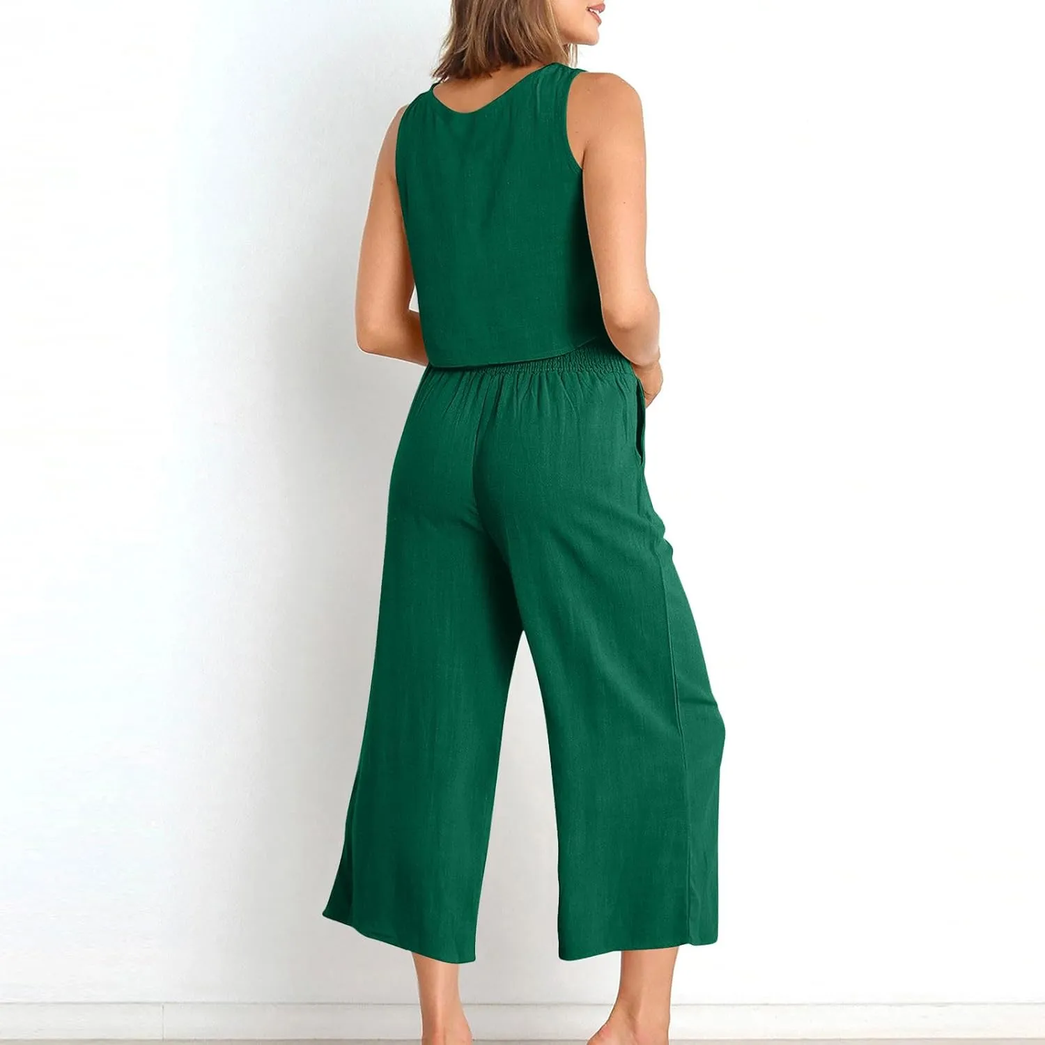 Linen Outfits Women 2 Piece Plus Size Sleeveless CropTank Capri Wide Leg Pant Jumpsuit Lounge Beach Vacation Boho Set