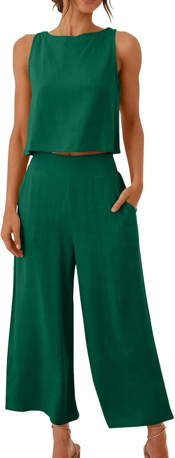 Linen Outfits Women 2 Piece Plus Size Sleeveless CropTank Capri Wide Leg Pant Jumpsuit Lounge Beach Vacation Boho Set