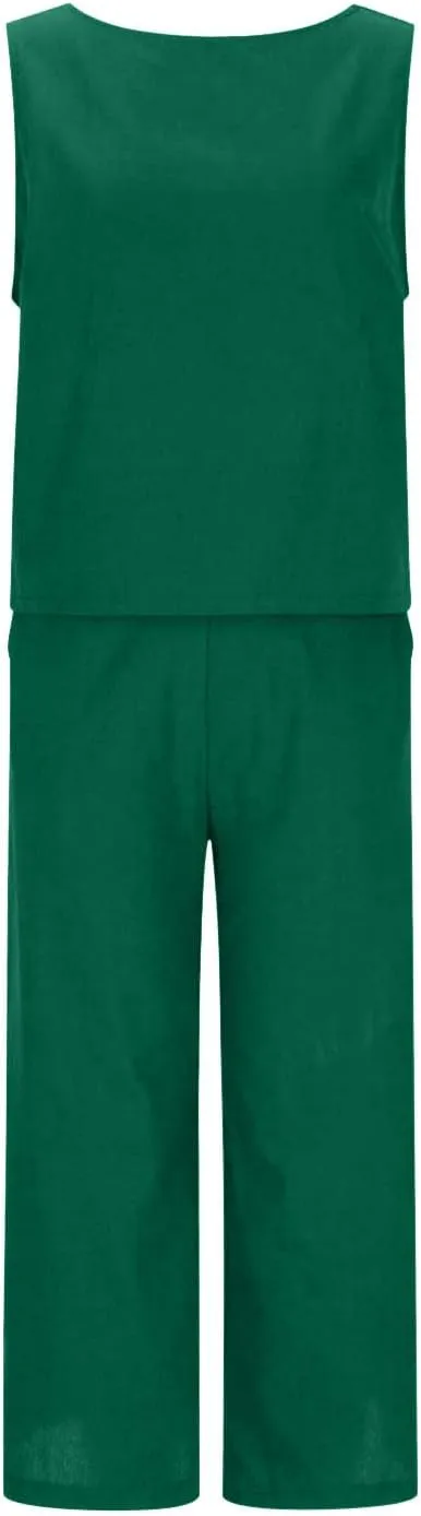 Linen Outfits Women 2 Piece Plus Size Sleeveless CropTank Capri Wide Leg Pant Jumpsuit Lounge Beach Vacation Boho Set