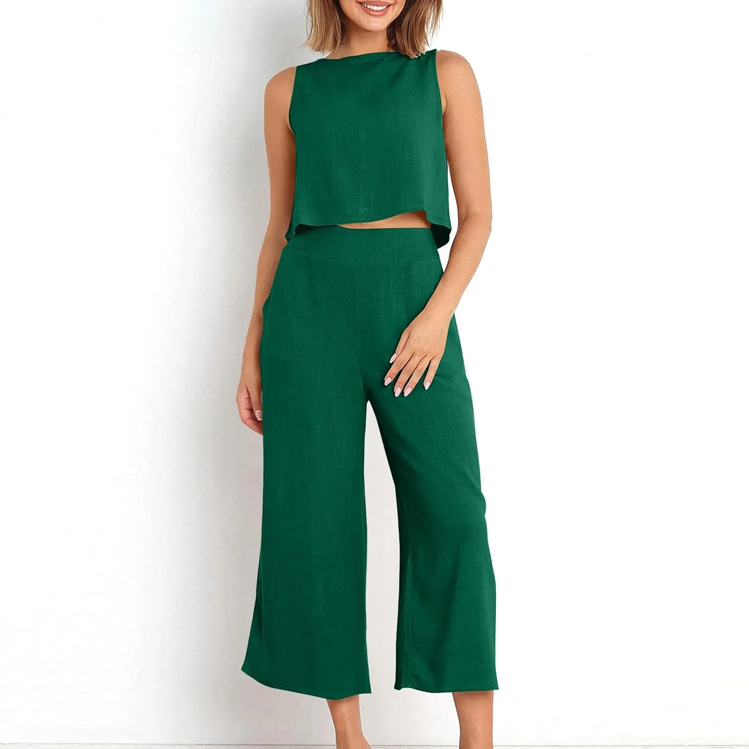 Linen Outfits Women 2 Piece Plus Size Sleeveless CropTank Capri Wide Leg Pant Jumpsuit Lounge Beach Vacation Boho Set
