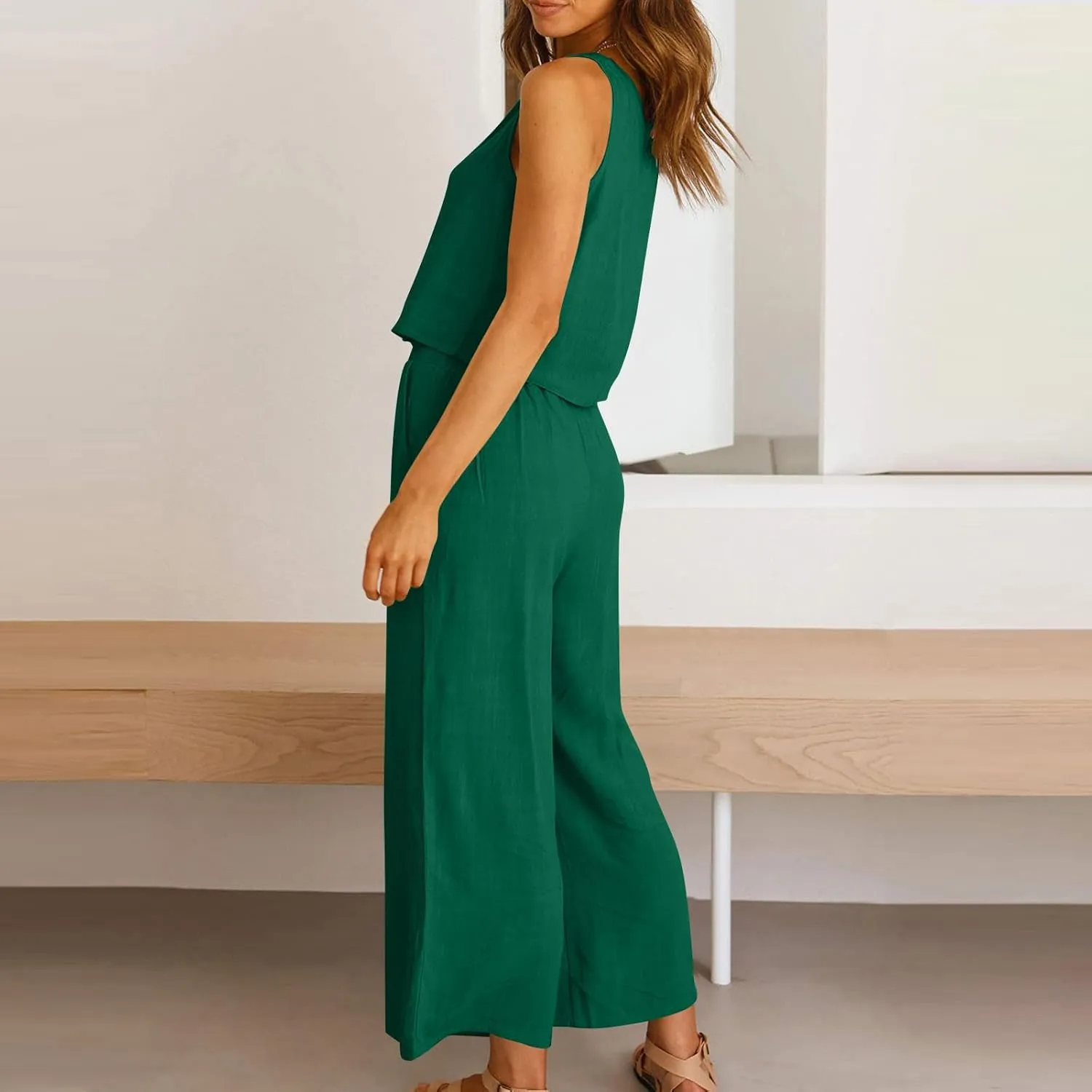 Linen Outfits Women 2 Piece Plus Size Sleeveless CropTank Capri Wide Leg Pant Jumpsuit Lounge Beach Vacation Boho Set