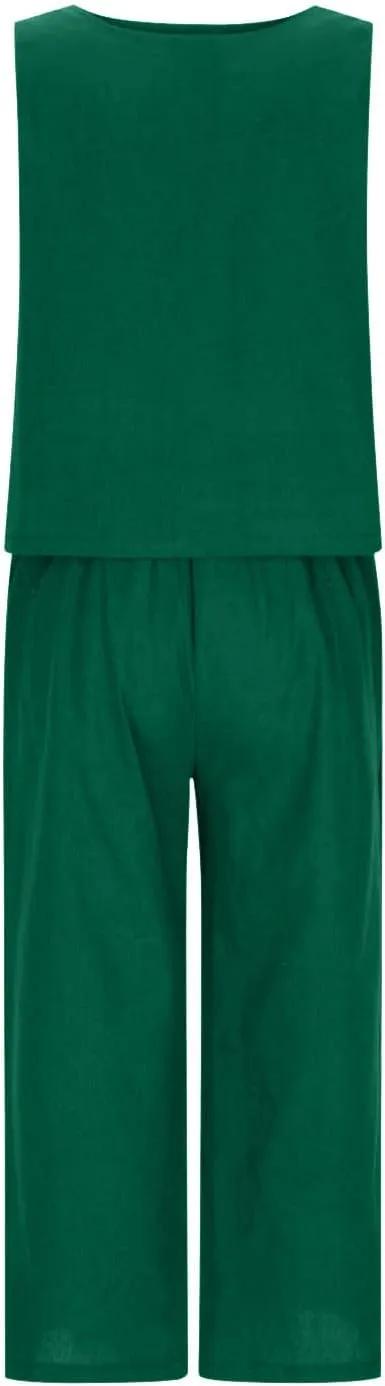 Linen Outfits Women 2 Piece Plus Size Sleeveless CropTank Capri Wide Leg Pant Jumpsuit Lounge Beach Vacation Boho Set