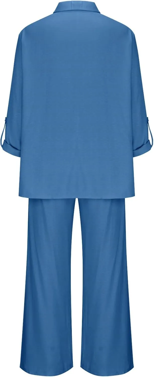 Linen Sets for Women 2 Piece Long Sleeve Shirts & Wide Leg Trousers Loose Fit Dressy Cotton Linen Sets Outfits