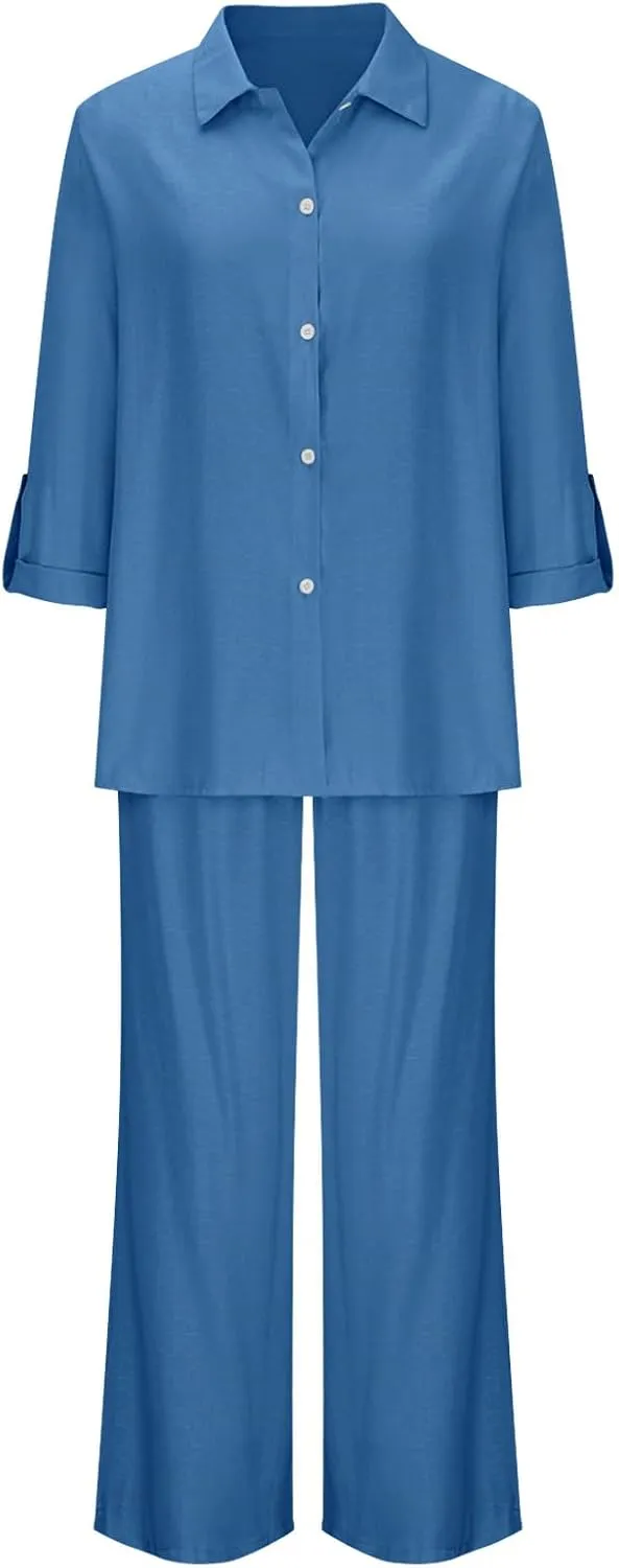 Linen Sets for Women 2 Piece Long Sleeve Shirts & Wide Leg Trousers Loose Fit Dressy Cotton Linen Sets Outfits