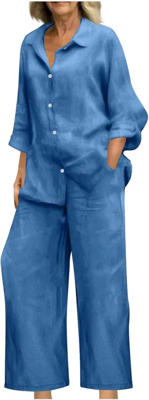 Linen Sets for Women 2 Piece Long Sleeve Shirts & Wide Leg Trousers Loose Fit Dressy Cotton Linen Sets Outfits