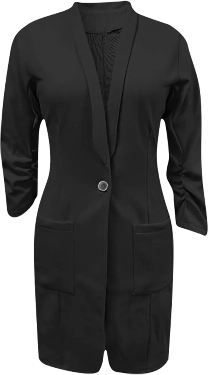 Long Blazer Jackets for Women 3/4 Ruched Sleeve Open Frond Cardigan Lapel Collar Trench Coats with Pockets
