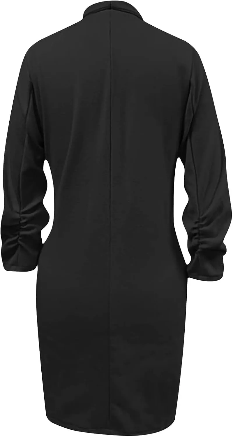 Long Blazer Jackets for Women 3/4 Ruched Sleeve Open Frond Cardigan Lapel Collar Trench Coats with Pockets