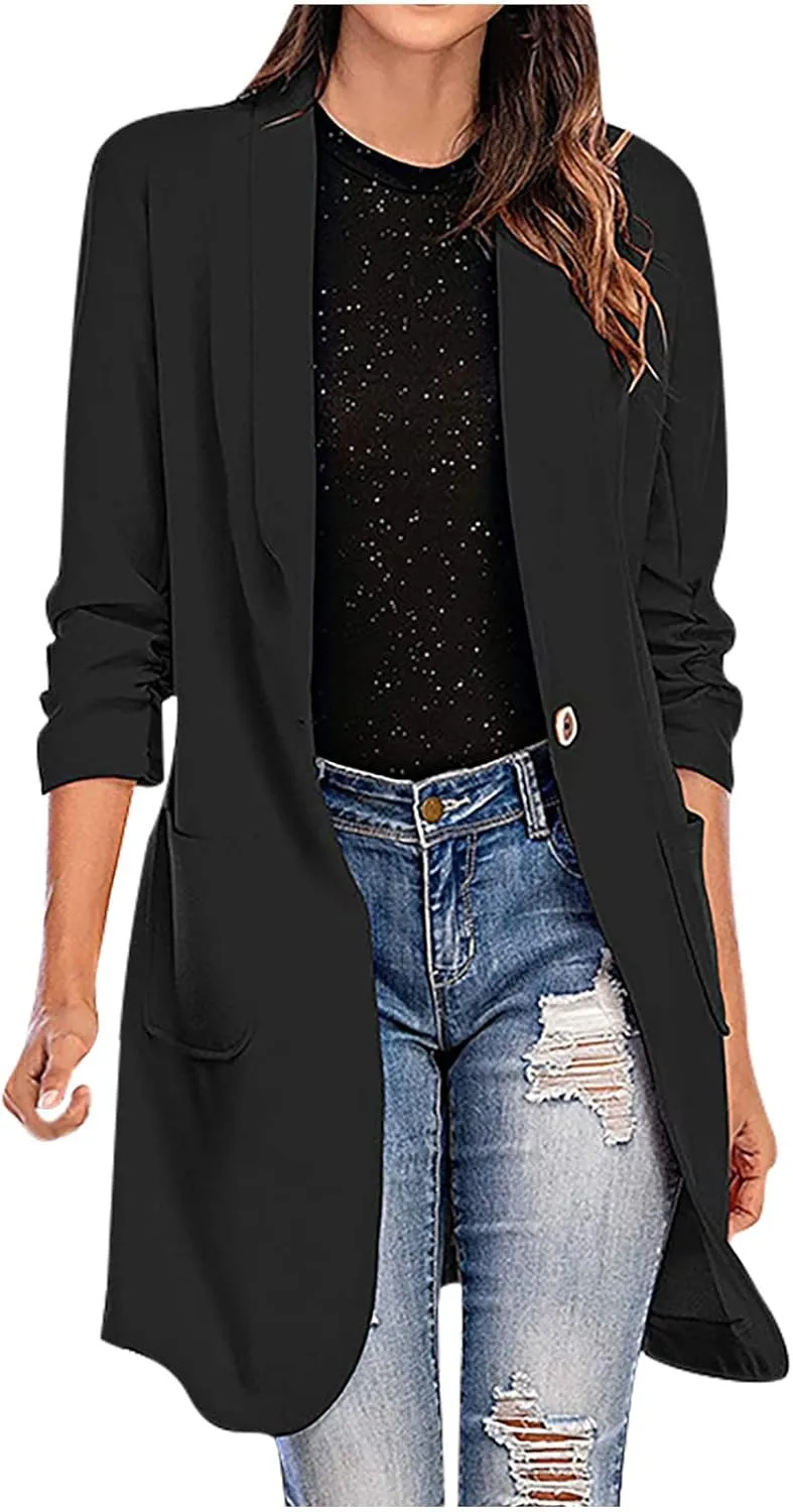 Long Blazer Jackets for Women 3/4 Ruched Sleeve Open Frond Cardigan Lapel Collar Trench Coats with Pockets