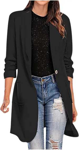 Long Blazer Jackets for Women 3/4 Ruched Sleeve Open Frond Cardigan Lapel Collar Trench Coats with Pockets
