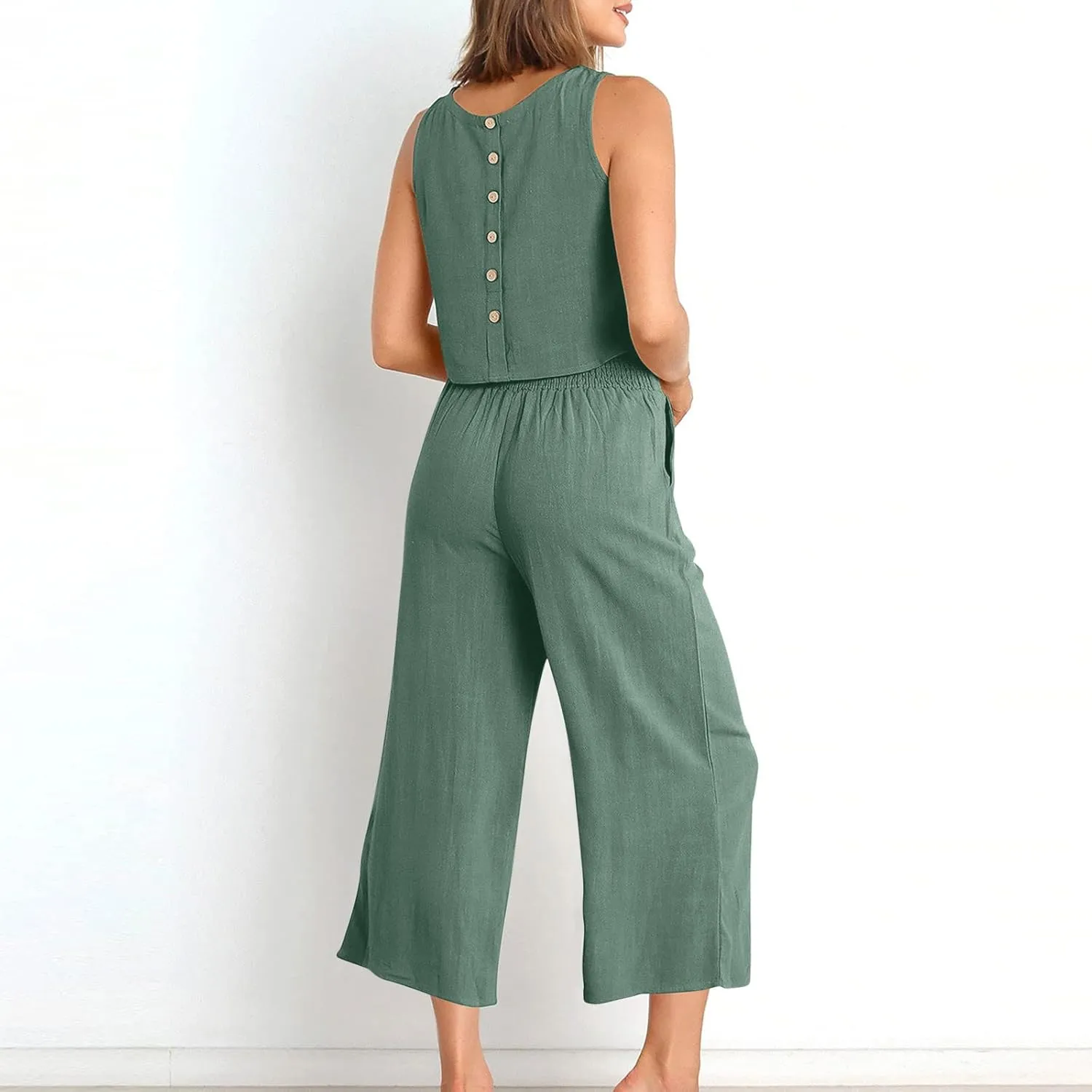 maisdgop Summer Outfits for Women Comfy Sleeveless Tank Crop Button Back Top Capri Wide Leg Pants Linen Sets with Pockets