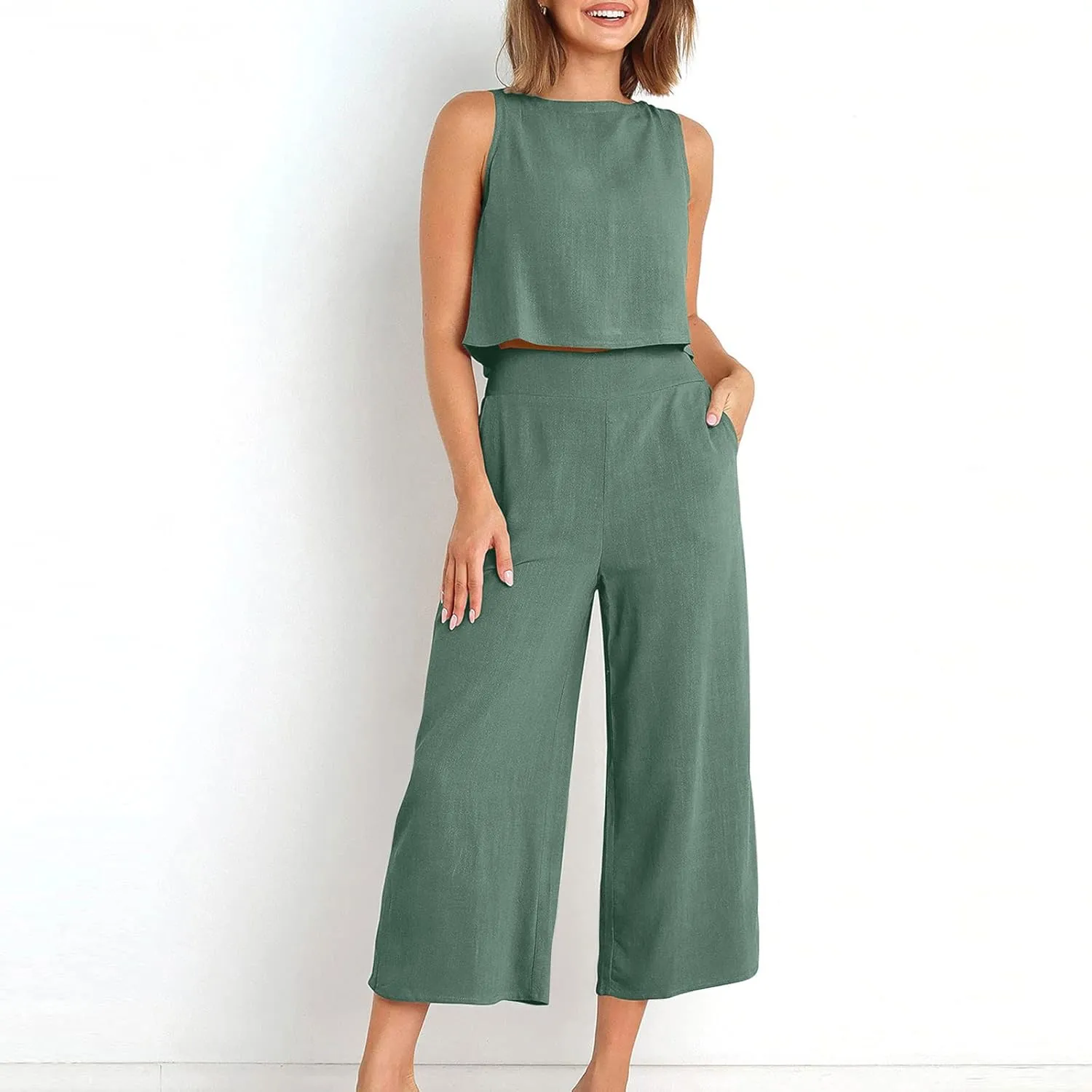 maisdgop Summer Outfits for Women Comfy Sleeveless Tank Crop Button Back Top Capri Wide Leg Pants Linen Sets with Pockets