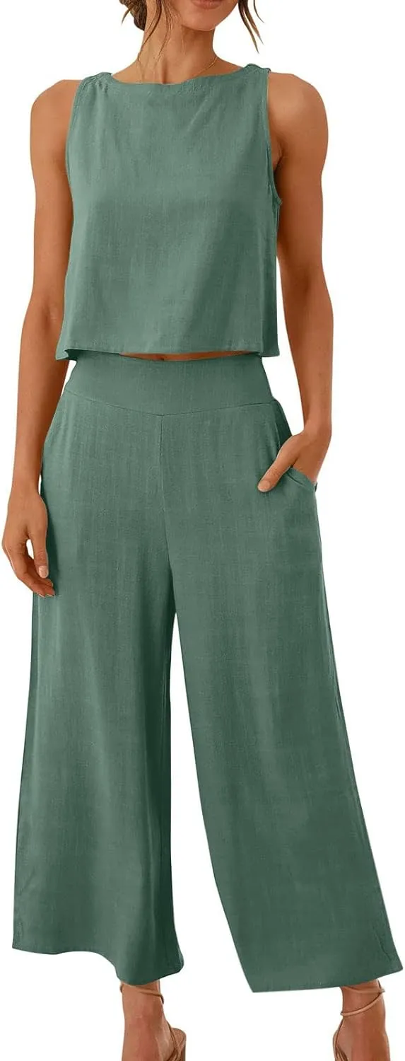 maisdgop Summer Outfits for Women Comfy Sleeveless Tank Crop Button Back Top Capri Wide Leg Pants Linen Sets with Pockets