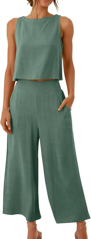 maisdgop Summer Outfits for Women Comfy Sleeveless Tank Crop Button Back Top Capri Wide Leg Pants Linen Sets with Pockets