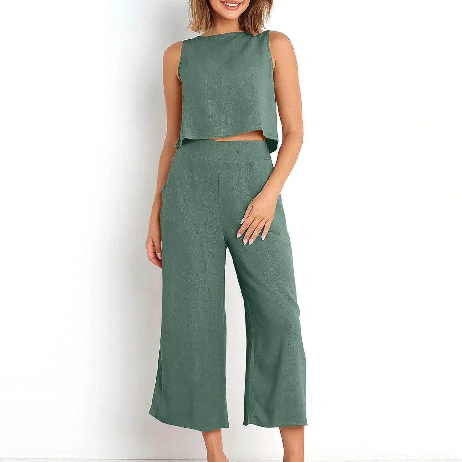 maisdgop Summer Outfits for Women Comfy Sleeveless Tank Crop Button Back Top Capri Wide Leg Pants Linen Sets with Pockets