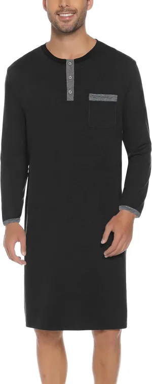 Men Long Sleeve Nightshirt Knee Length Nightgown Cotton Sleep Shirt Lounge Wear with Chest Pocket