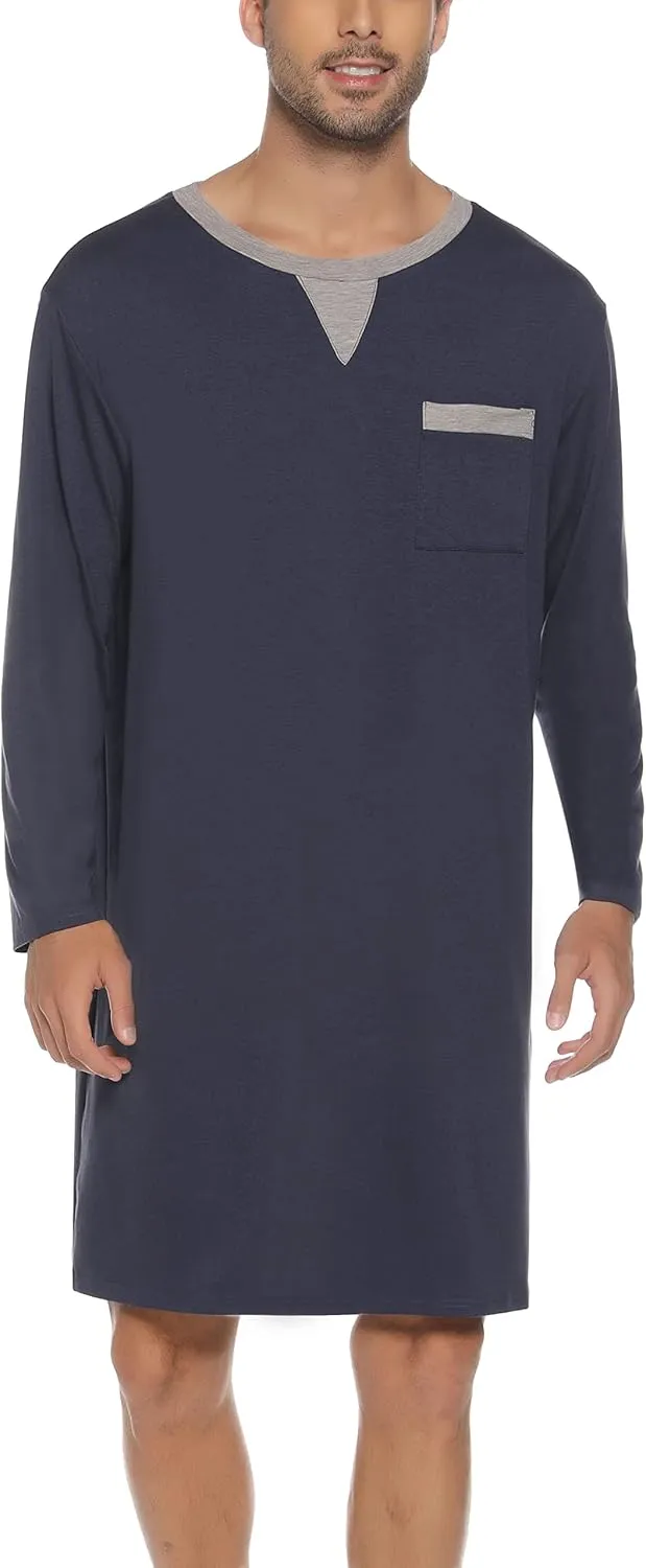 Men Long Sleeve Nightshirt Knee Length Nightgown Cotton Sleep Shirt Lounge Wear with Chest Pocket
