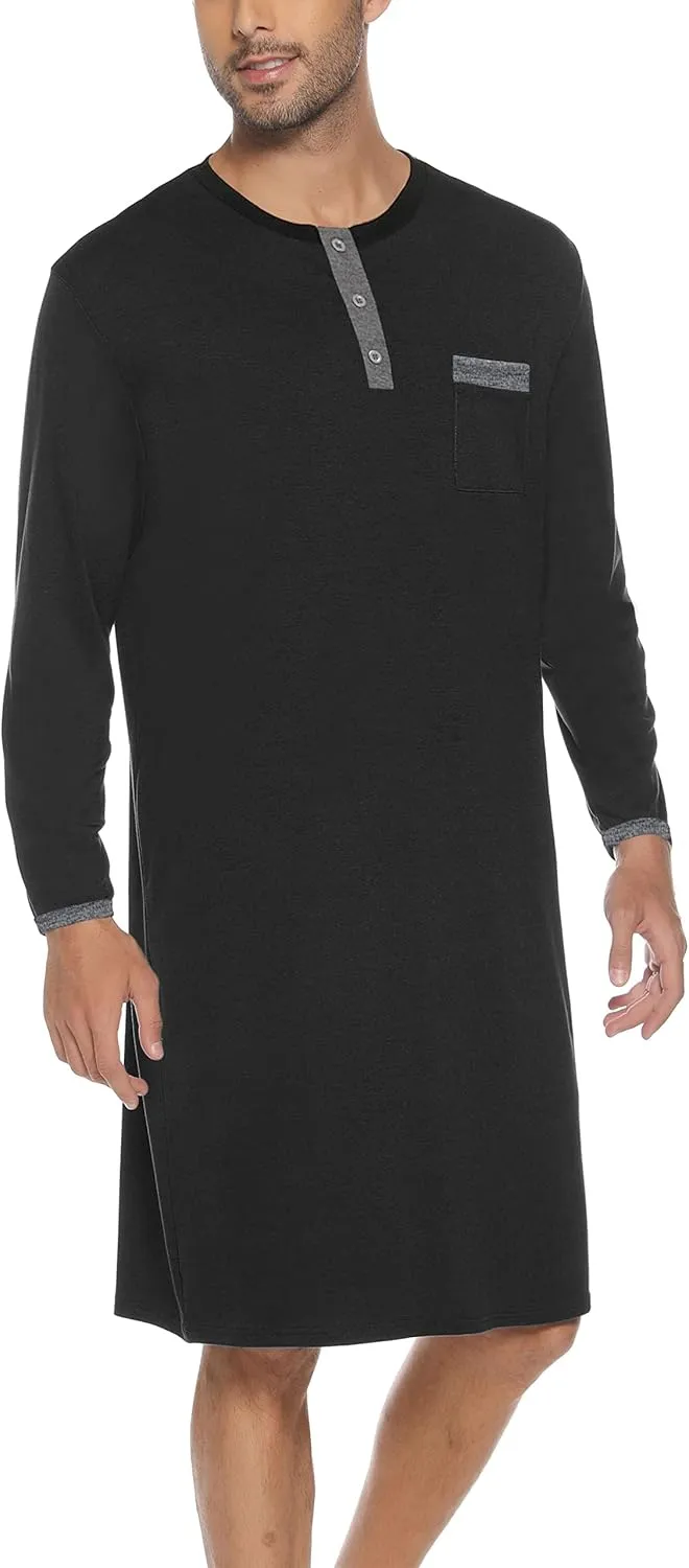 Men Long Sleeve Nightshirt Knee Length Nightgown Cotton Sleep Shirt Lounge Wear with Chest Pocket