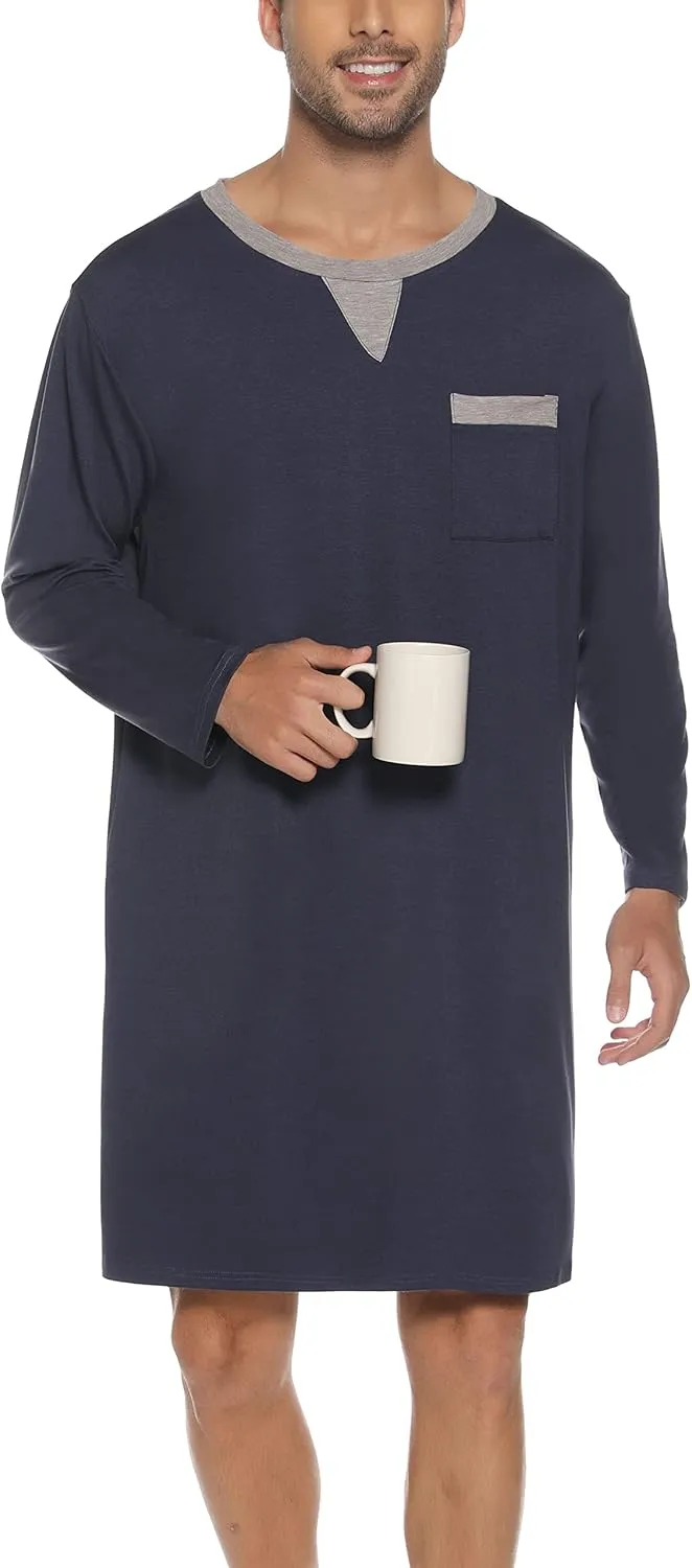 Men Long Sleeve Nightshirt Knee Length Nightgown Cotton Sleep Shirt Lounge Wear with Chest Pocket