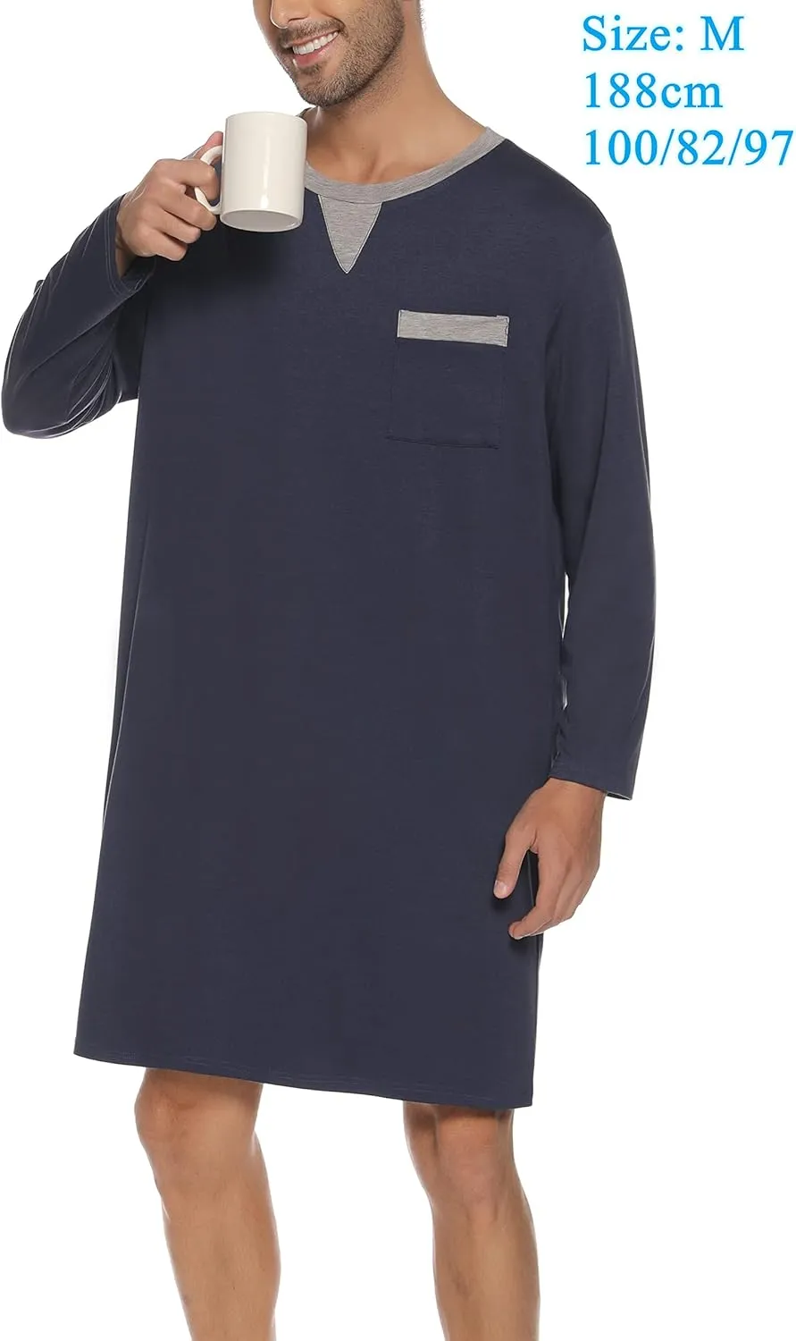 Men Long Sleeve Nightshirt Knee Length Nightgown Cotton Sleep Shirt Lounge Wear with Chest Pocket