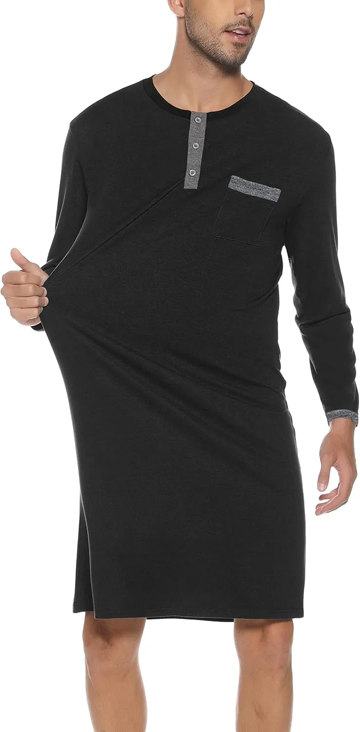 Men Long Sleeve Nightshirt Knee Length Nightgown Cotton Sleep Shirt Lounge Wear with Chest Pocket