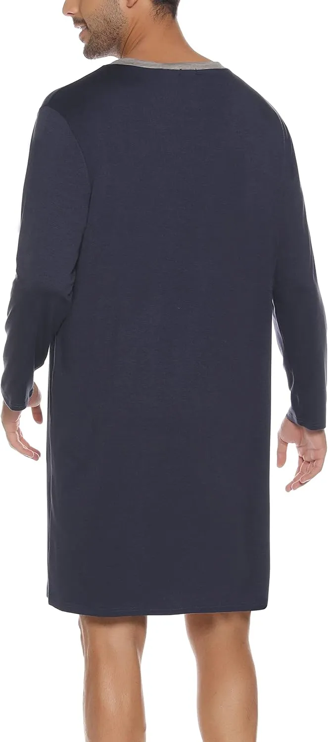Men Long Sleeve Nightshirt Knee Length Nightgown Cotton Sleep Shirt Lounge Wear with Chest Pocket
