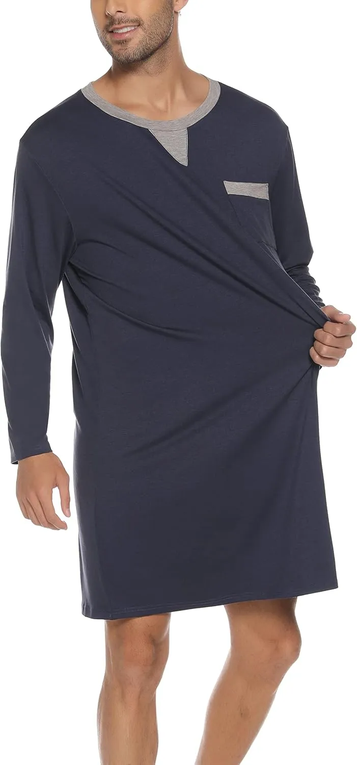 Men Long Sleeve Nightshirt Knee Length Nightgown Cotton Sleep Shirt Lounge Wear with Chest Pocket