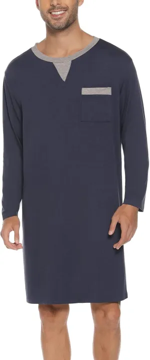 Men Long Sleeve Nightshirt Knee Length Nightgown Cotton Sleep Shirt Lounge Wear with Chest Pocket