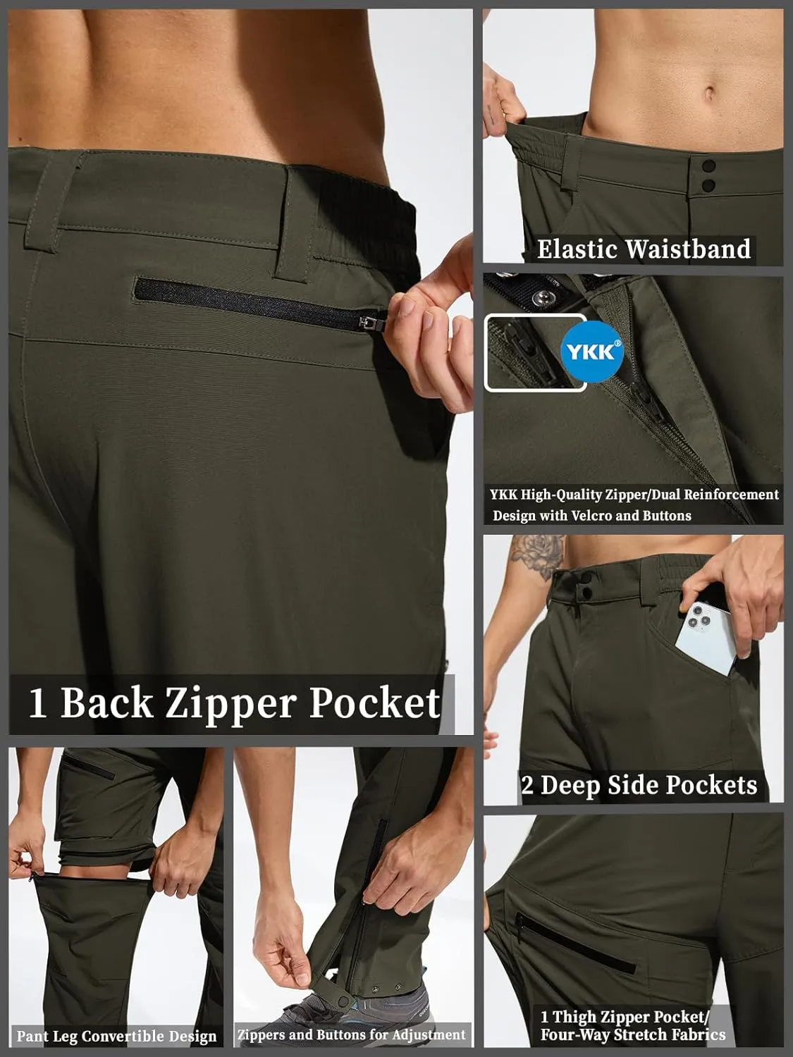 Mens Convertible Cargo Hiking Pants Sun Protection Water Repellent Quick Dry Breathable for Outdoor with 4 Pockets