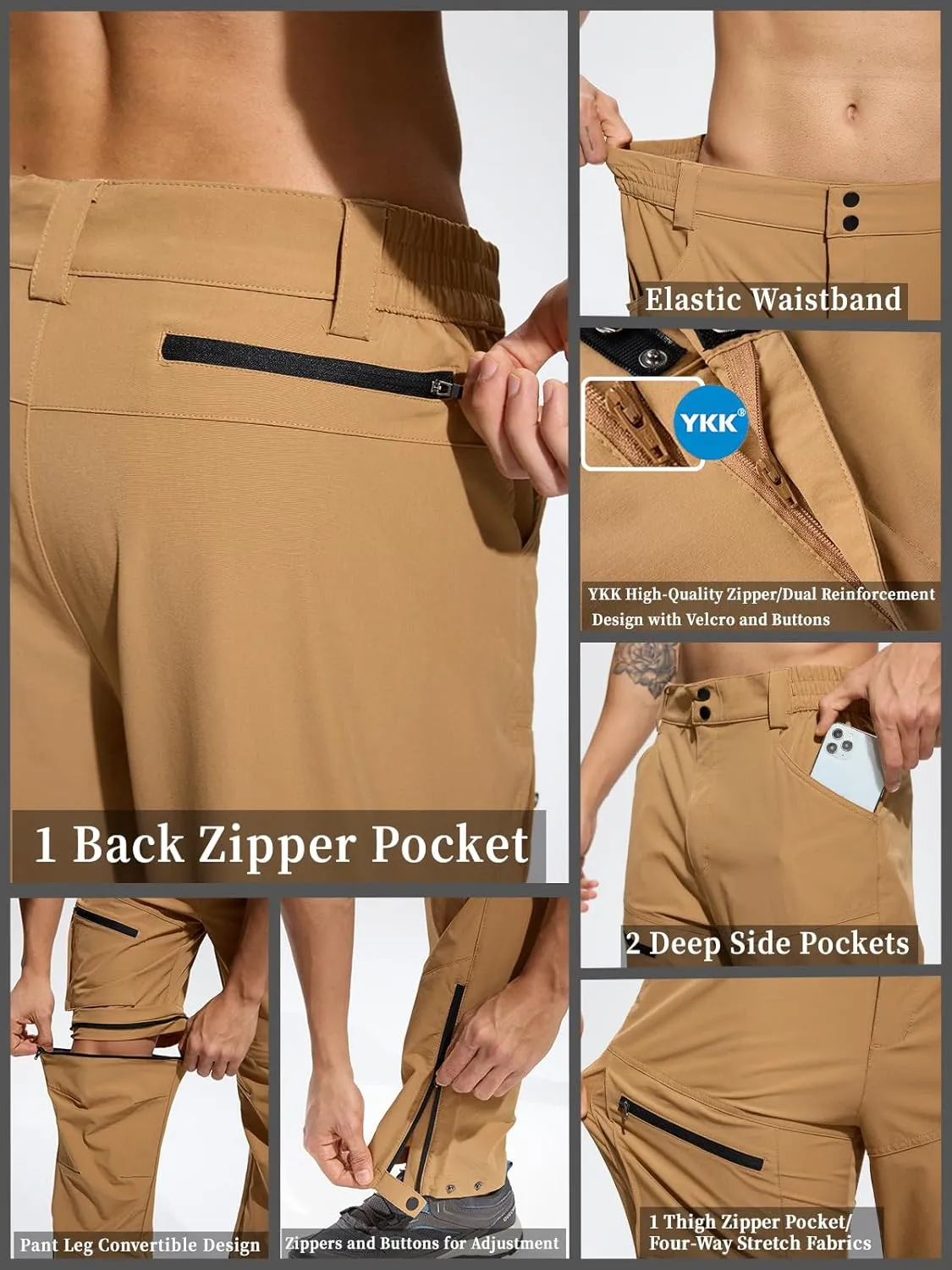 Mens Convertible Cargo Hiking Pants Sun Protection Water Repellent Quick Dry Breathable for Outdoor with 4 Pockets