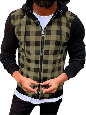 Mens Hooded Plaid Jacket Long Sleeve Casual Thin Coat Lightweight Casual Slim Fit Track Jackets with Checkered