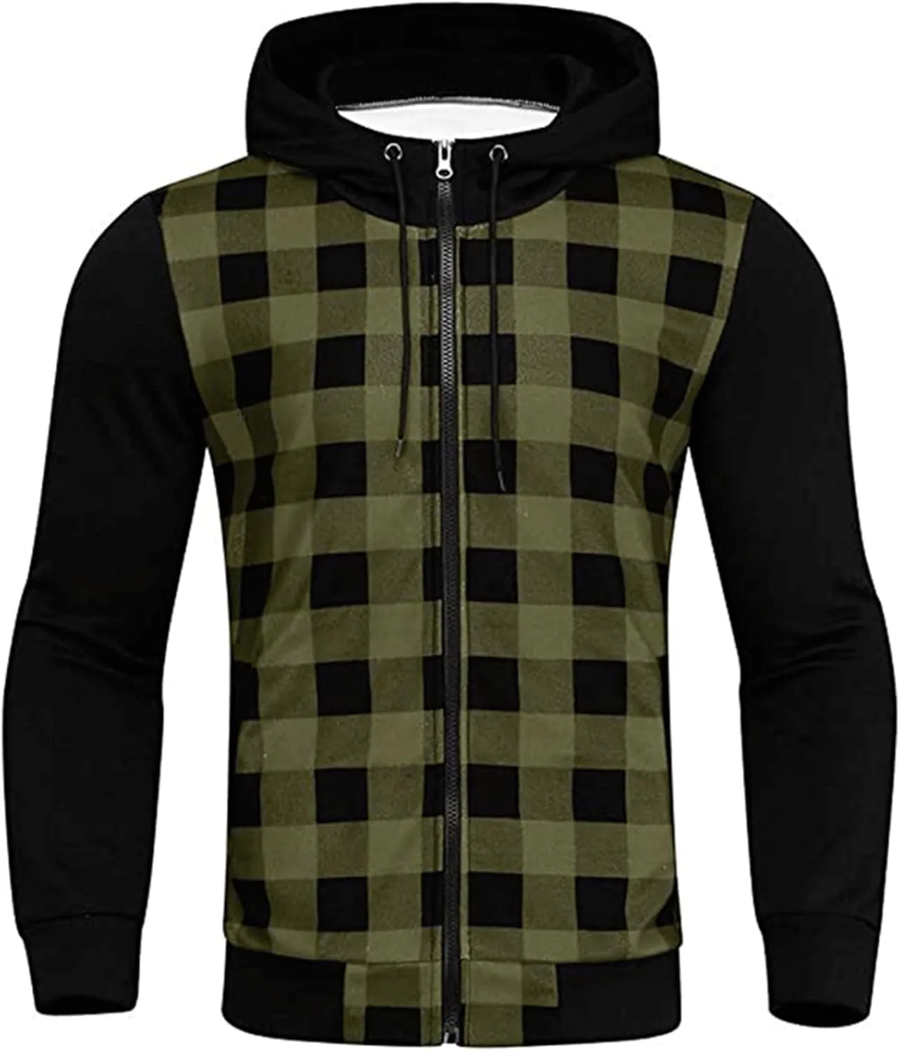 Mens Hooded Plaid Jacket Long Sleeve Casual Thin Coat Lightweight Casual Slim Fit Track Jackets with Checkered