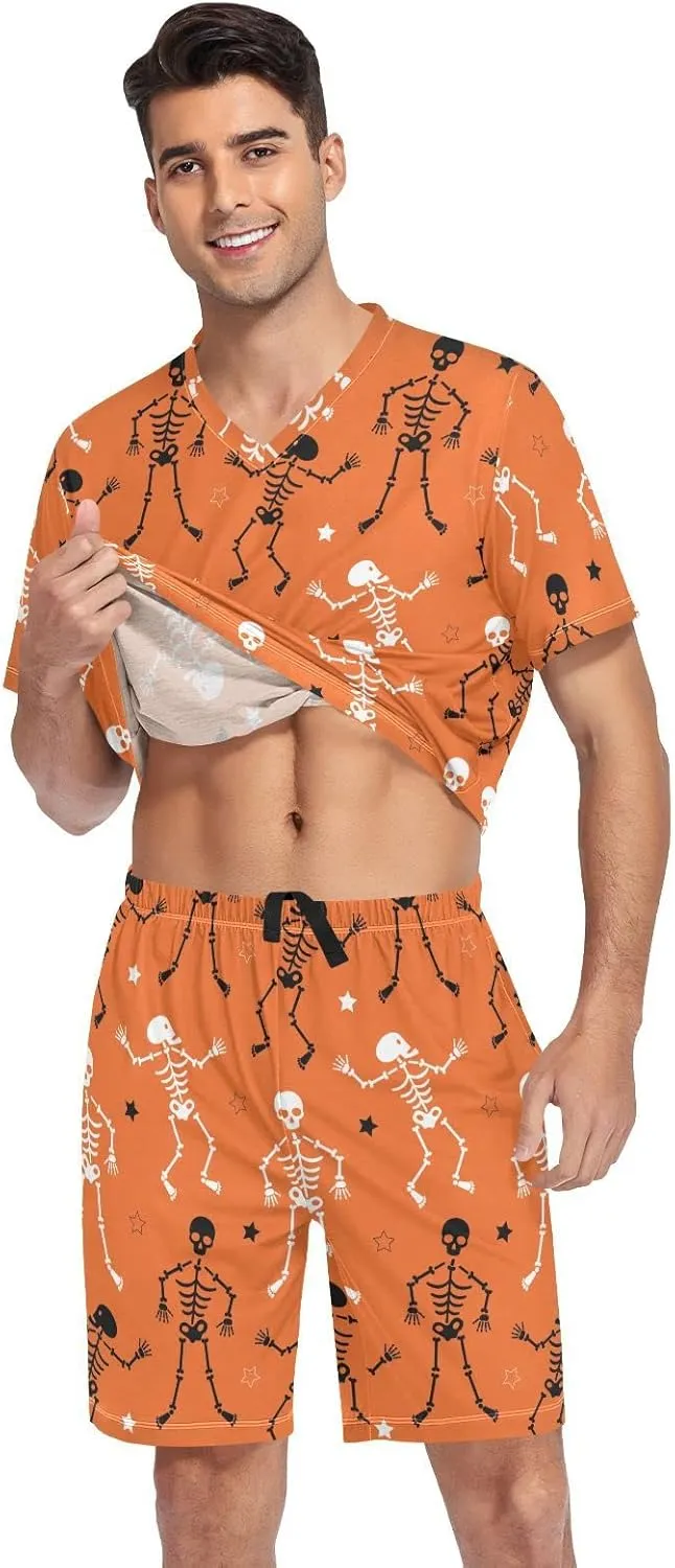 Men's Pajama Sets Skeletons Halloween Orange Sleepwear Short Sleeve Lounge Sets for Men