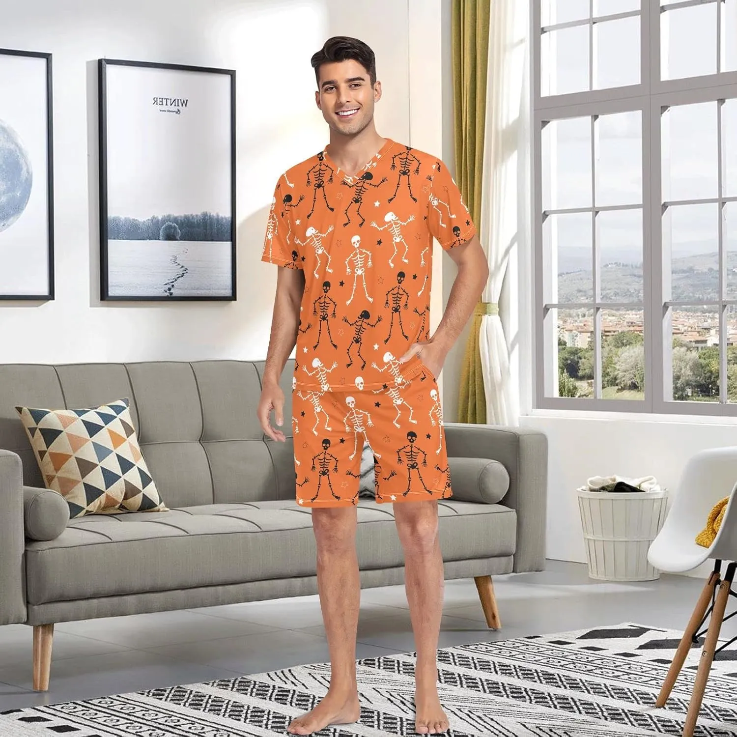 Men's Pajama Sets Skeletons Halloween Orange Sleepwear Short Sleeve Lounge Sets for Men