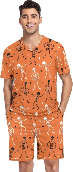 Men's Pajama Sets Skeletons Halloween Orange Sleepwear Short Sleeve Lounge Sets for Men