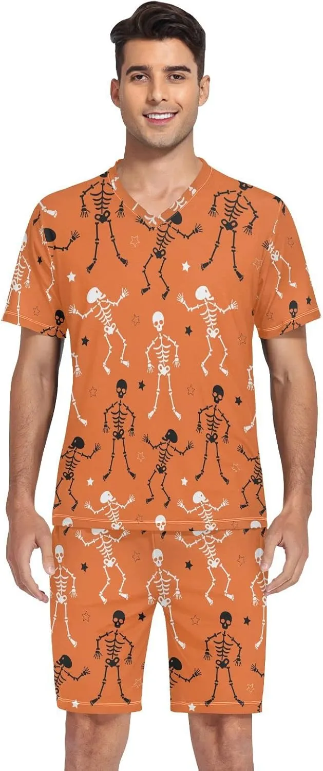 Men's Pajama Sets Skeletons Halloween Orange Sleepwear Short Sleeve Lounge Sets for Men