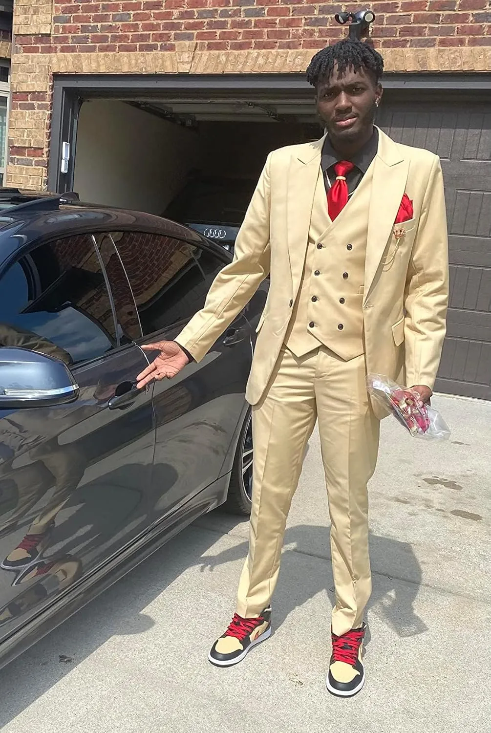 Men's Suits Slim Fit 3 Piece Suits for Men Double Breasted Suit Gold Button Blazer Wedding Suits Jacket Vest Pants Suit Set