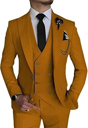 Men's Suits Slim Fit 3 Piece Suits for Men Double Breasted Suit Gold Button Blazer Wedding Suits Jacket Vest Pants Suit Set